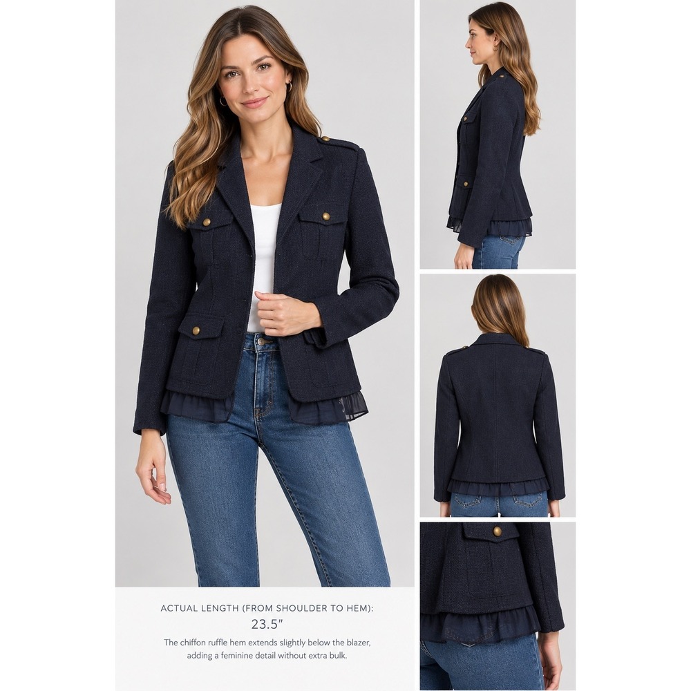Ann Taylor Loft Blazer Blue Wool Military Jacket Chiffon style ruffle hem Sz 12